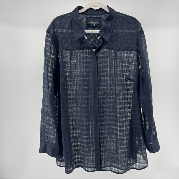 Lafayette 148 New York Tops - Lafayette 148 100% Linen Semisheer Navy Blue Button-Down Blouse, Women's 2X